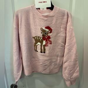 NWT Pink Rose Women's Pink Sweater with winter Reindeer Design & sock set- XS